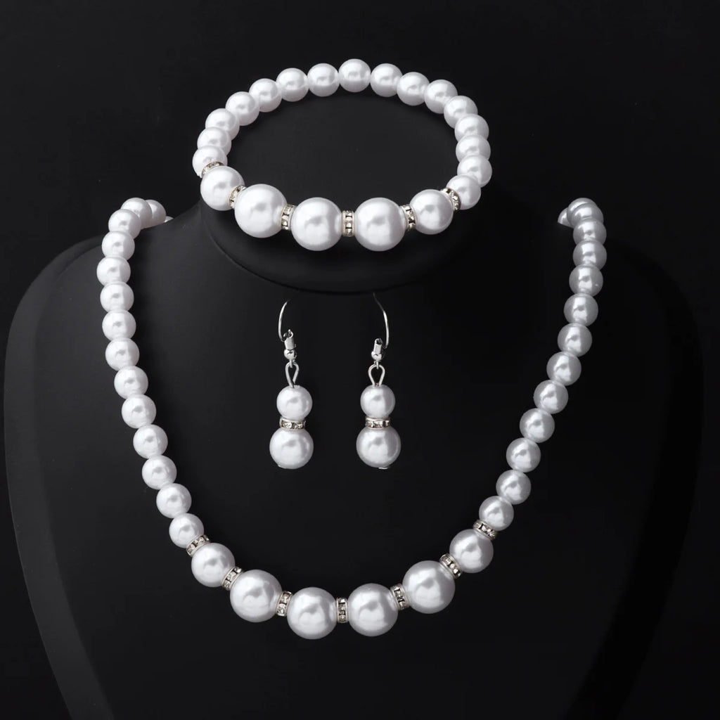 3PCS Women’s Simulated Pearl Jewelry Set – Necklace, Earrings & Bracelet