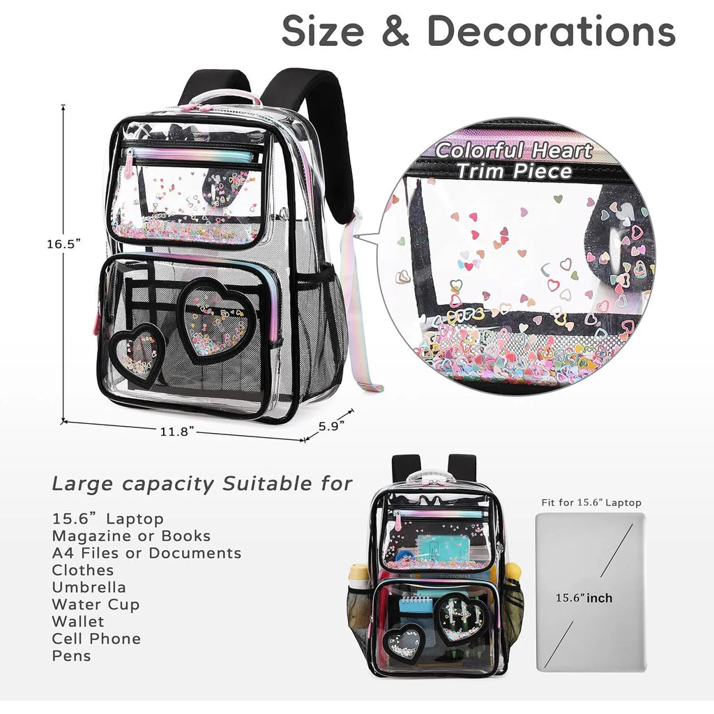 Clear Transparent Heart Pattern Backpack for Girls & Women