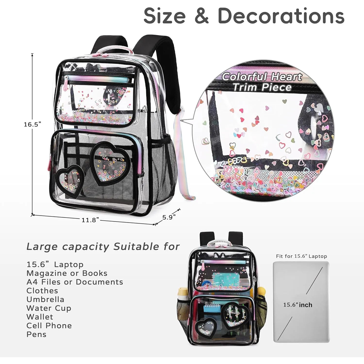 Clear Transparent Heart Pattern Backpack for Girls & Women