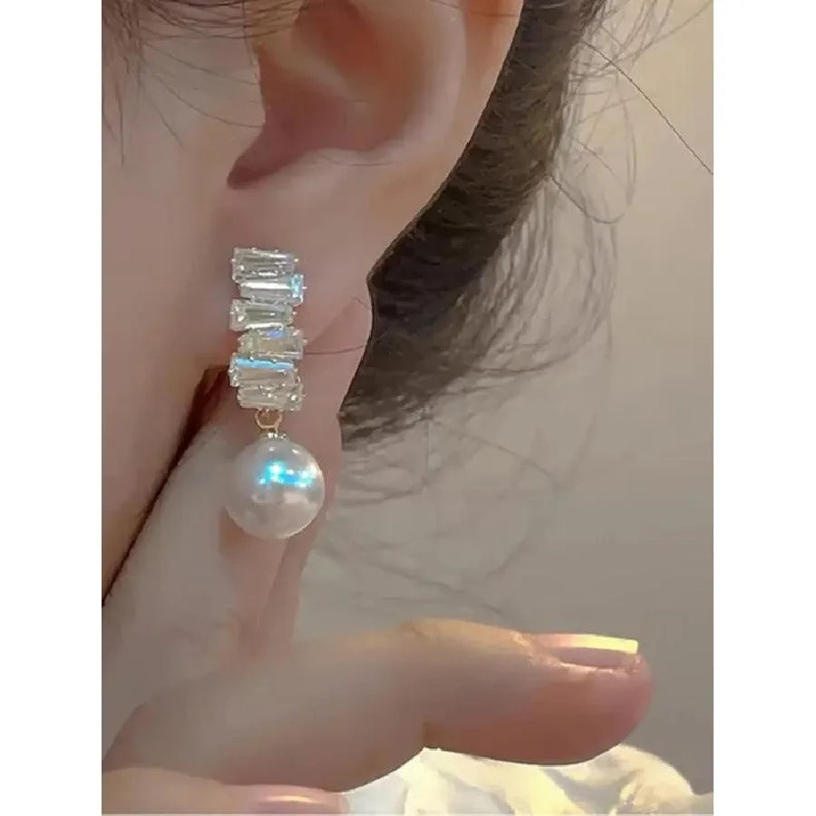 Elegant Faux Pearl & Rhinestone Decorated Dangle Earrings