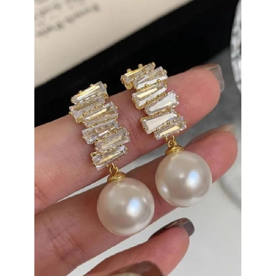 Elegant Faux Pearl & Rhinestone Decorated Dangle Earrings